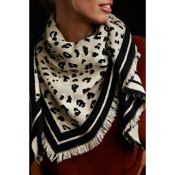 ANTHROPOLOGIE Pilcro *Flawed* White Black Leopard Print Fringe Boho Scarf Shawl - Picture 2 of 8
